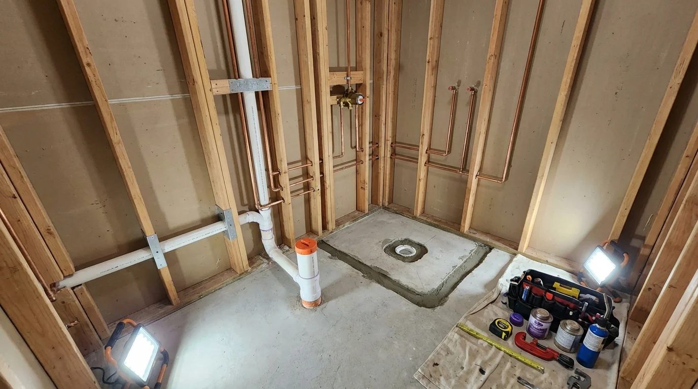 Bathroom rough-in plumbing during remodel by Johns Plumbing LLC in Eatonton