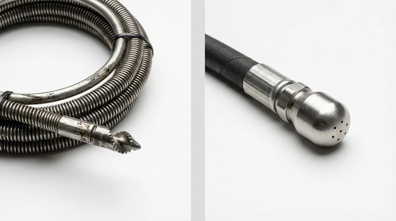 Drain snake cable and hydro jetting nozzle used for drain cleaning in Eatonton, GA