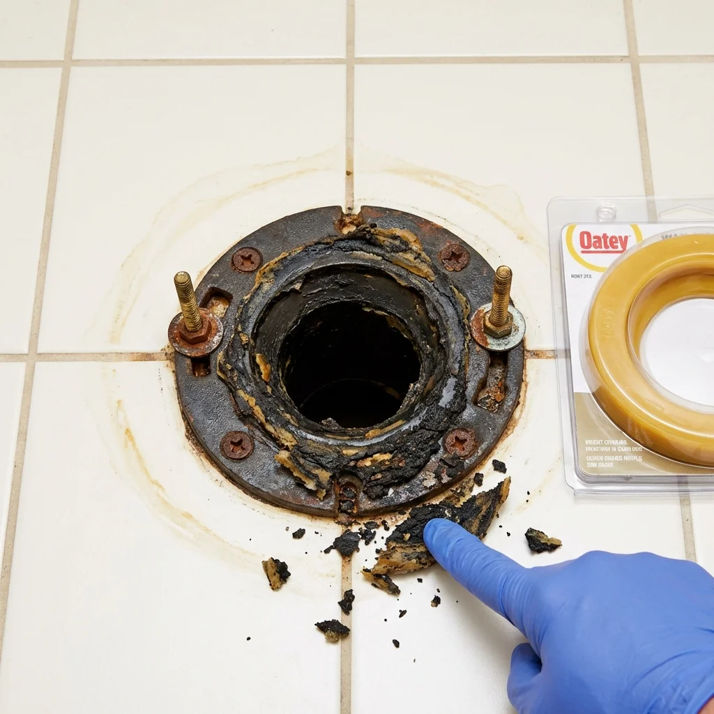 Failed wax ring showing water seepage at the base of a toilet in a Eatonton, GA home