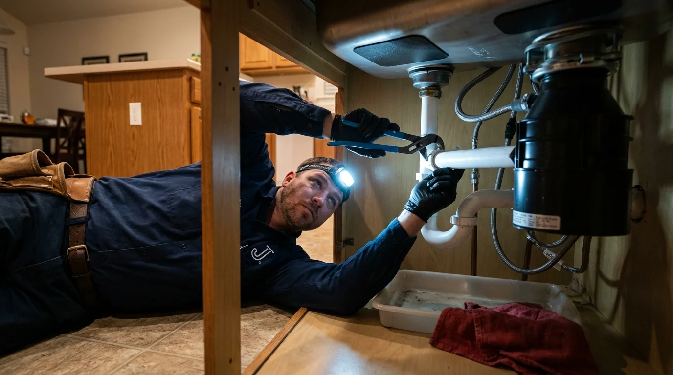 P-trap and supply line connections under a kitchen sink showing a common leak point in Eatonton, GA